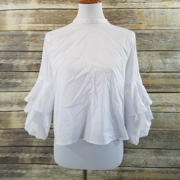 NWT Zara Tiered Ruffle Sleeve High Neck Blouse - Picture 5 of 7